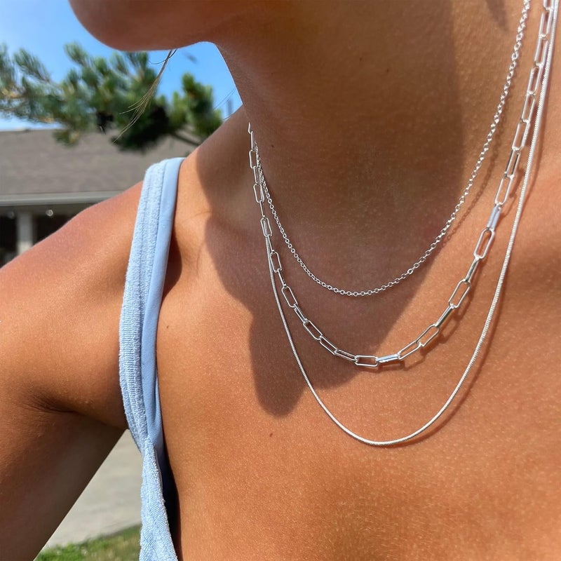 Moodear Gold Necklace for Women Dainty Chunky 14K Gold Plated/Sliver Plated Chain Necklace Cuban Link Paperclip Chain Choker Toggle Clasp Layered Necklace for Women Trendy Fashion Gift - Image 3